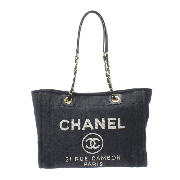 Chanel Deauville Medium Navy Gold Hardware Canvas Tote Bag - Picture 1 of 11
